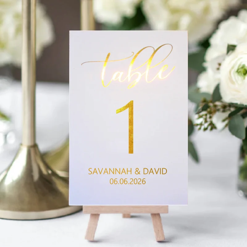 

Wedding Table Numbers Gold Foil Text, Size A6 Table Number Cards, Wedding Table Decoration - Not Included Table Number Holder