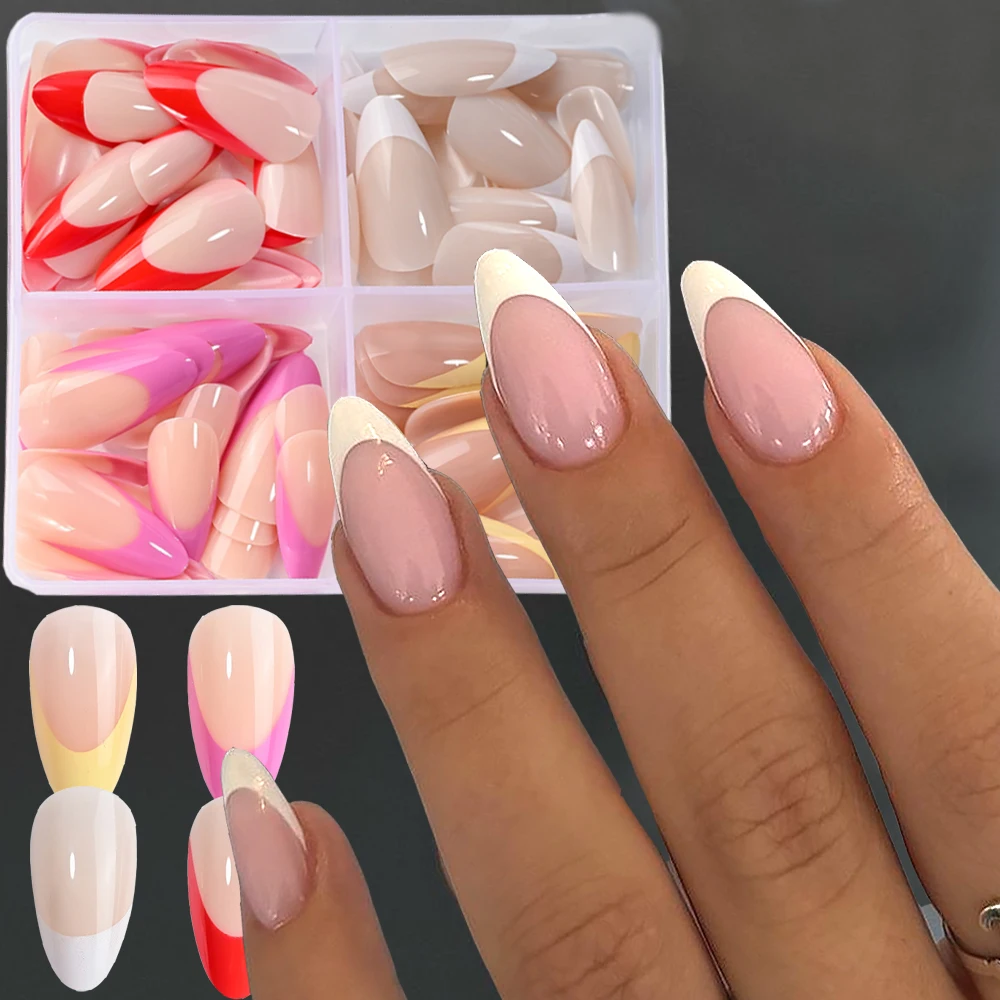 

1box White French Almond Fasle Nails Clear Nude Pink Red Yellow Purple Curved Fingertips Press On Nails Elegant Women Fake Nails