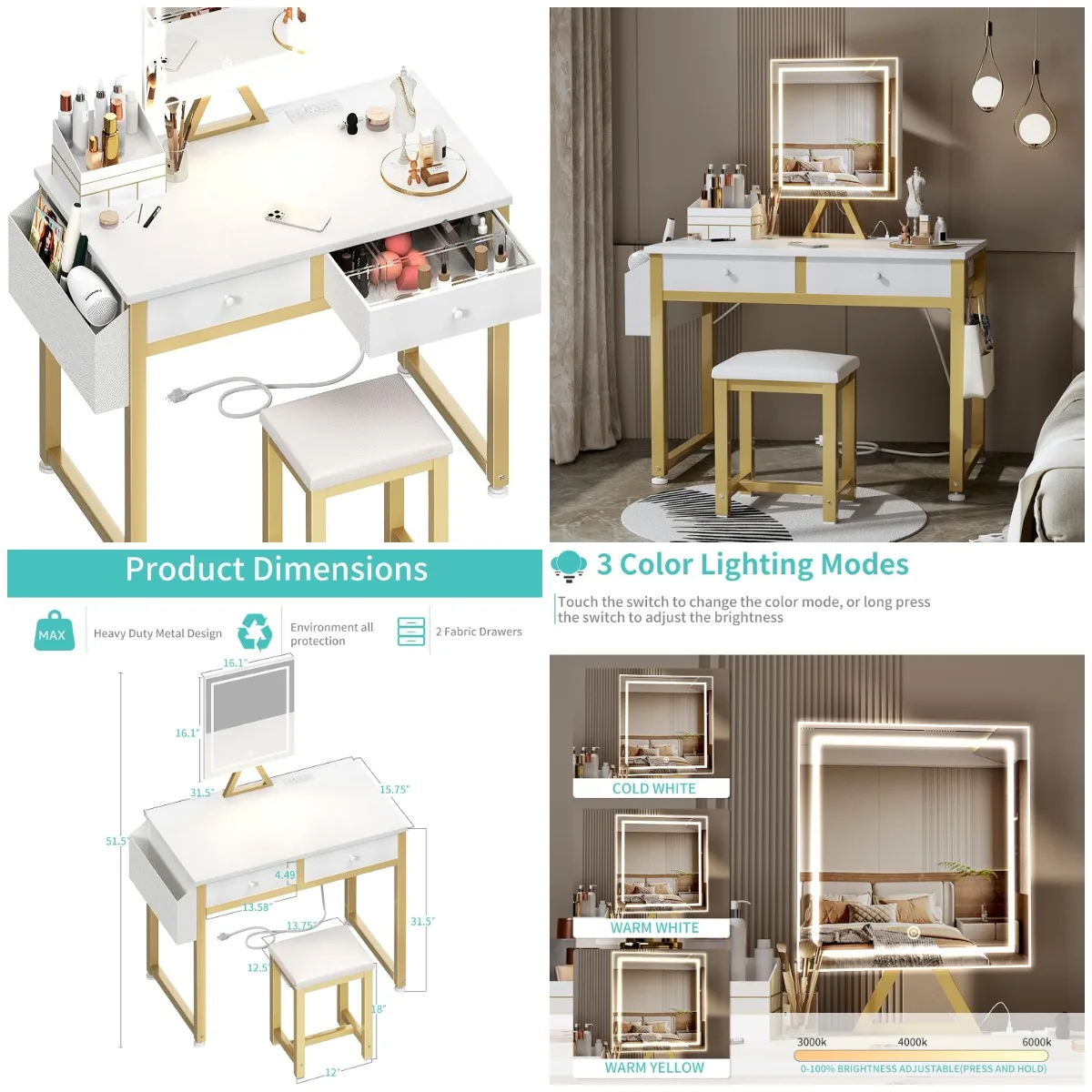 

32' White Makeup Vanity Desk with Mirror, LED Light & Power Outlet, Fabric Drawers, Dressing Table Set for Girls Teen, White Gol