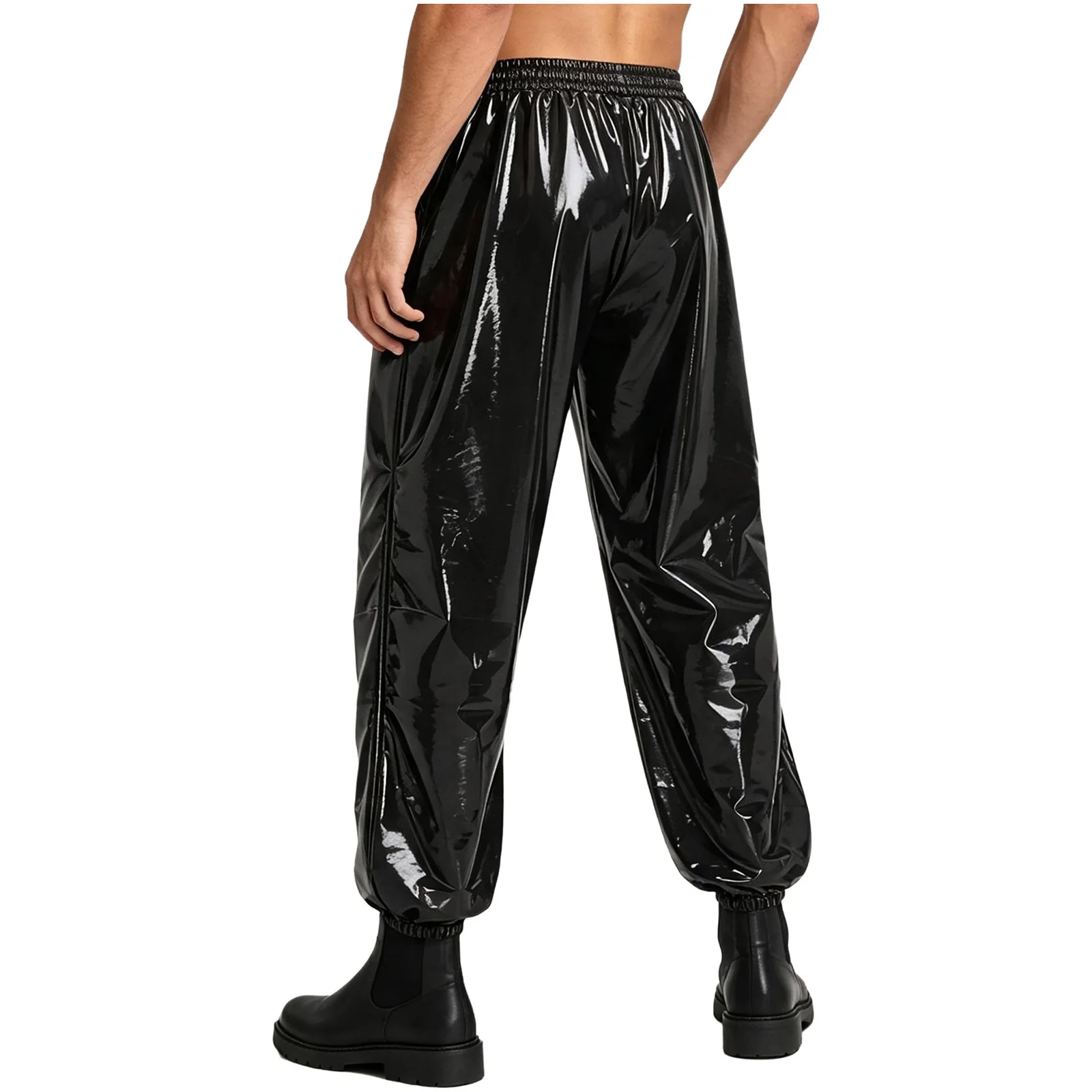 Mens Glossy PU Leather Loose Jogger Trousers with Waist Chain Baggy Joggers Trousers Punk Pants with Side Pockets Rave Clubwear view 2
