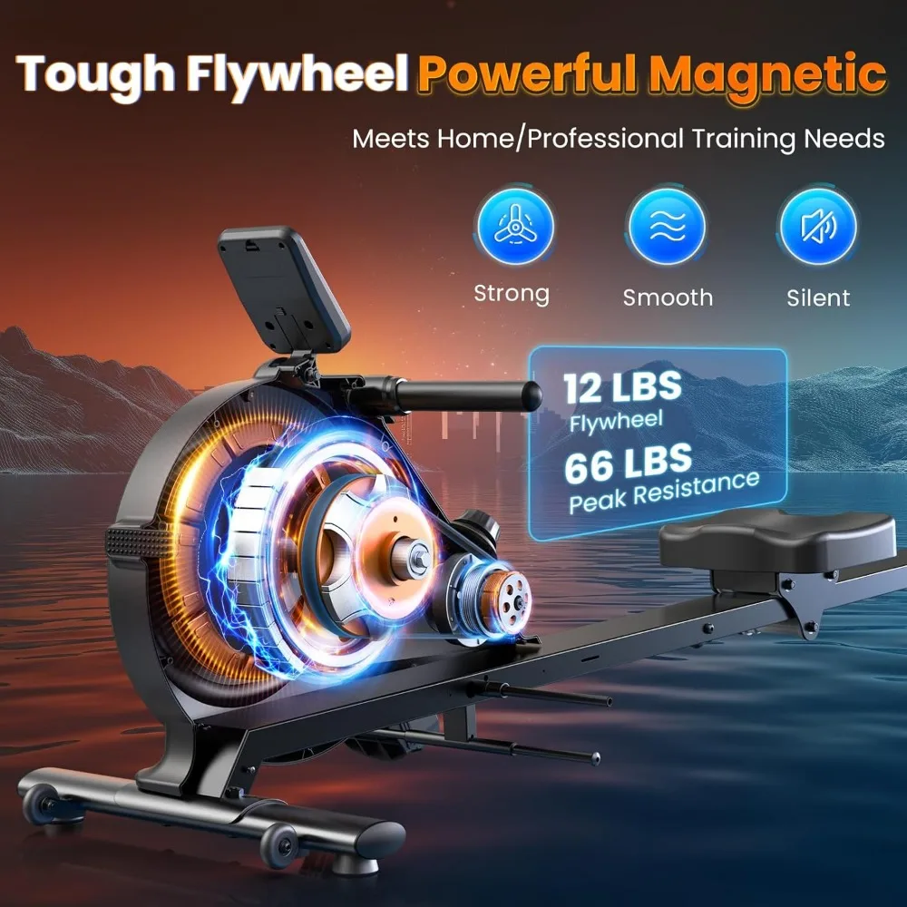 Magnetic rowing machine, home rowing machine, 350 pounds weight capacity, 16 levels of adjustable resistance, foldable rower