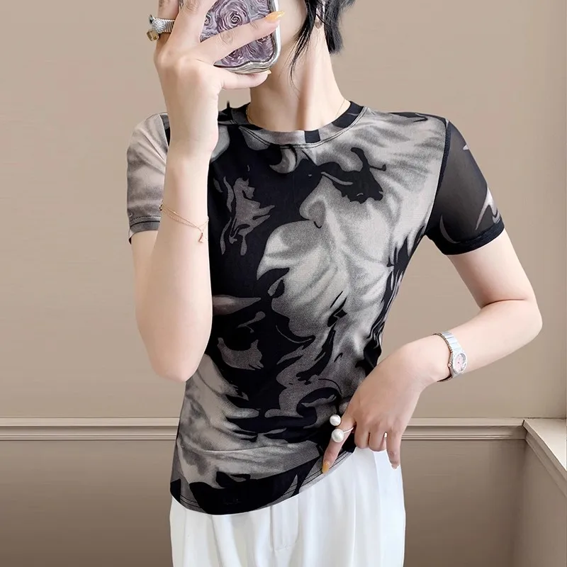 

Women Mesh Vintage Printing T-shirt High Quality Elegant O-Collar Short Sleeve Elastic Slim Top Summer Temperament Ladies Tees