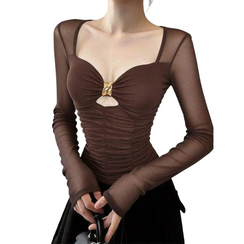 Y2K Slim Long-sleeve Top T-shirt Vintage Tulle Patchwork Square Neck Girly Sexy Undershirt Women Layering Top Harajuku Clothes