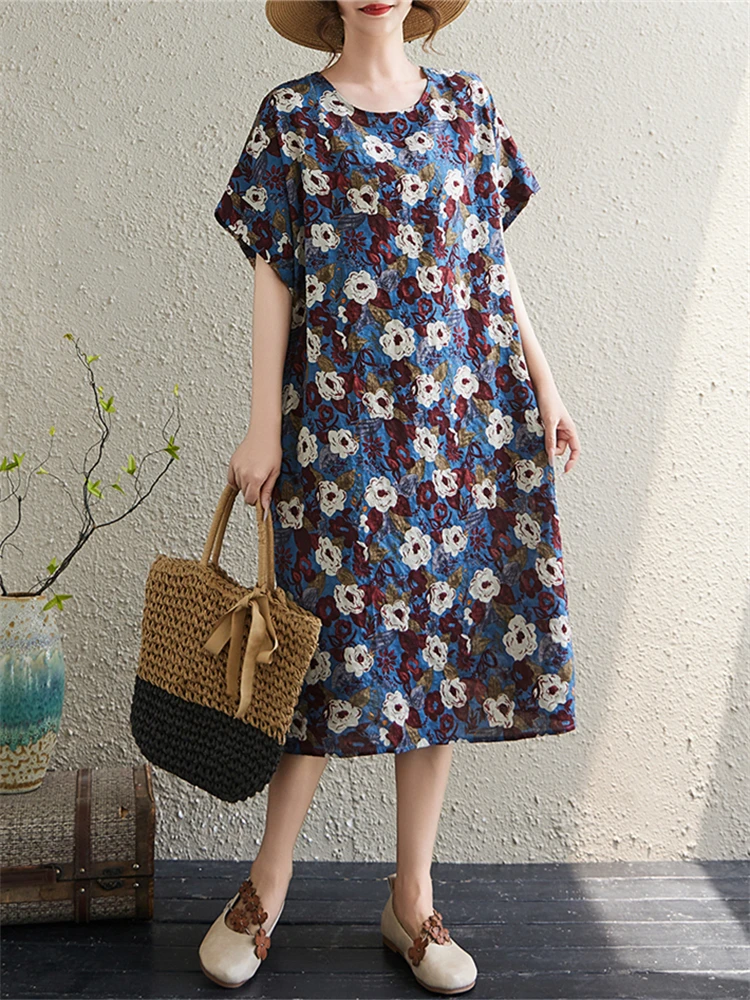 Baumwolle Vintage Floral Print Kleider Für Frauen Sommer Kurzarm Casual Lose Lange Kleid Vestidos Femme Robe Elegante Kleidung