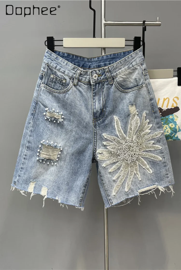 

Heavy Beading Flower Knee Length Denim Shorts For Women 2024 New Pearl Ripped High Waist Straight Pants Slim Fit Fashion