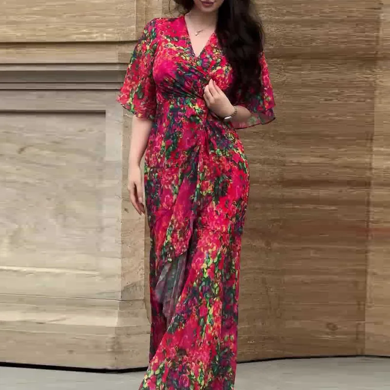 Women's Sexy V Neck High Waist Slim Long Dress Spring Elegant Floral Print Ruffle Evening Dress Summer Short Sleeve Boho Dresses