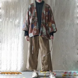 Autumn/Winter Womens Quilted Short Jacket Printed Front Open V-Neck Shawl Collar Vintage Lace-Up Loose Version Kimono Hanfu Coat