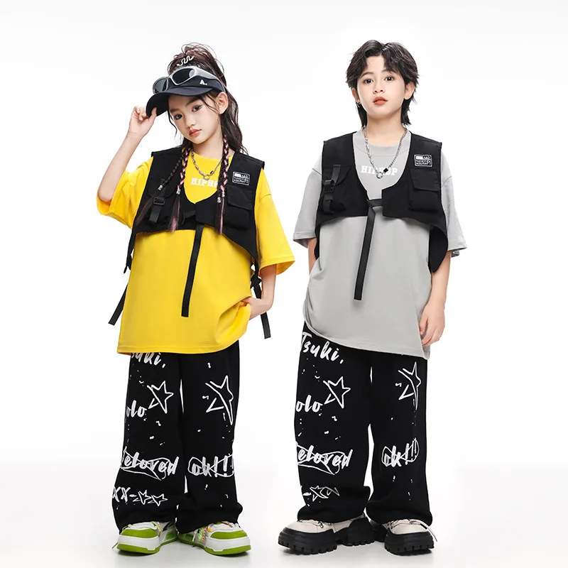 Kids Jazz Dance Clothes Hip Hop Yellow Grey Tops Short Sleeves Summer Street Dance Drum Performance Suit Girls Stage Costumes