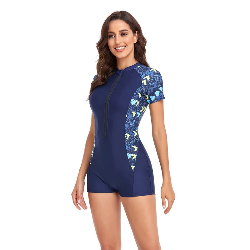 Women's One-Piece Boxer Long Sleeve Surfing Suit Sun-Proof Swimsuit Printed Swimsuit