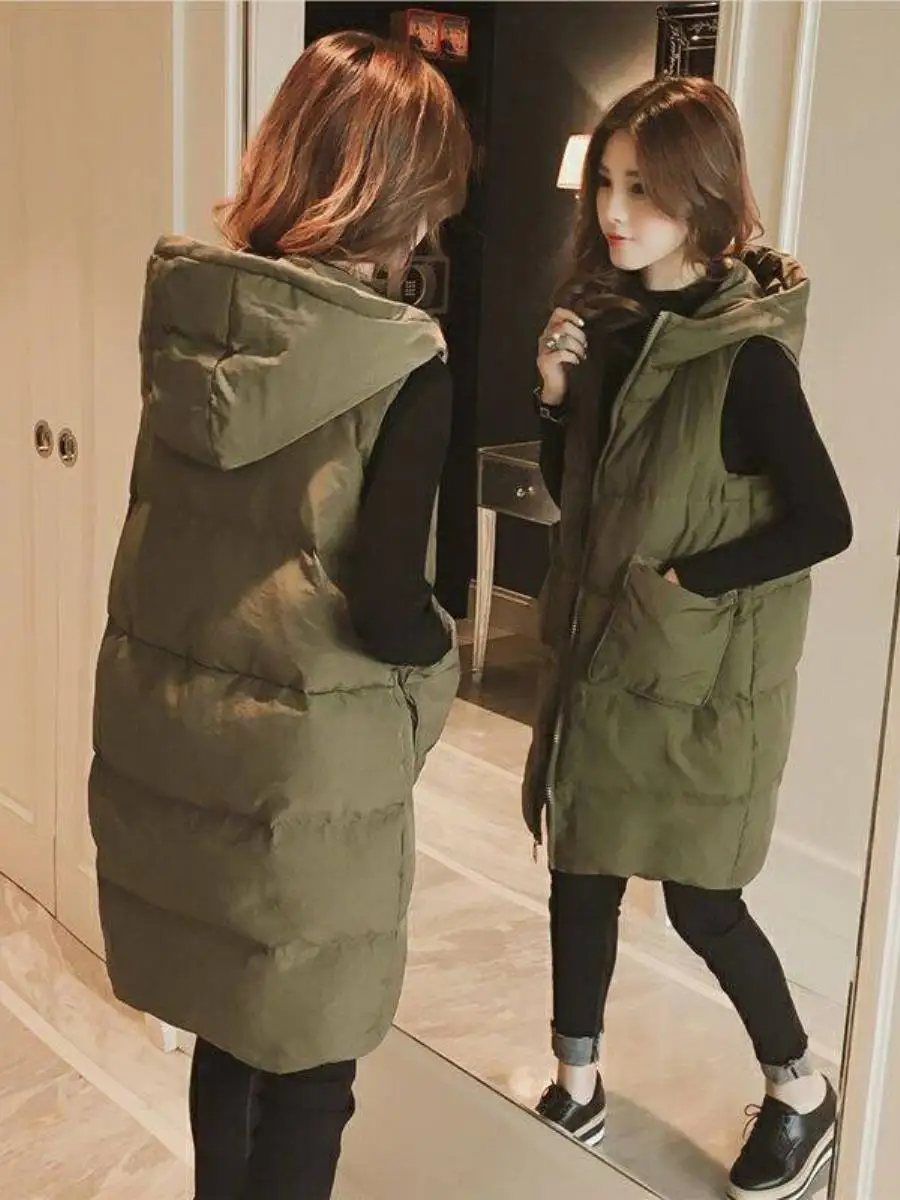 プラスサイズダウンジャケットベスト女性秋冬ファッションプラスサイズ綿服ミドル丈女性用ベスト暖かいスリム