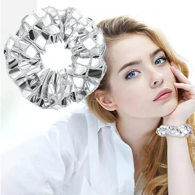 5Pcs/20pcs Mirror Disco Sequin Hair Scrunchies Metallic Silver Scrunchies CHEERLEADERS Girls Ponytail Holder Hair Accessories