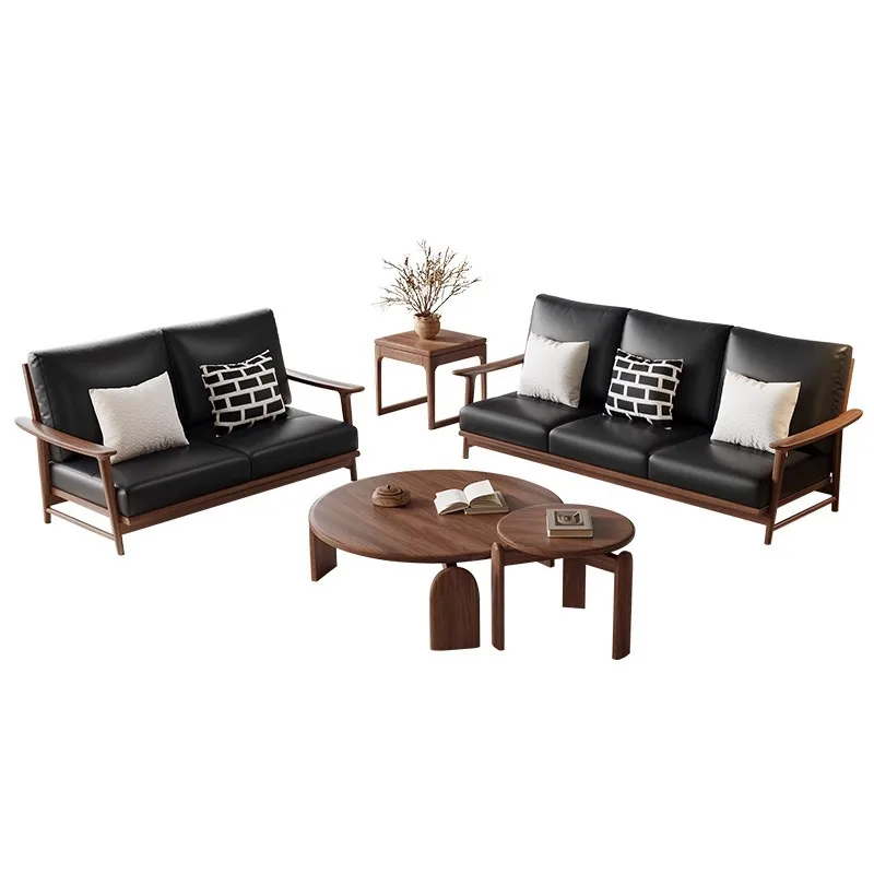 

All solid wood sofa, North American black walnut modern simple leather sofa