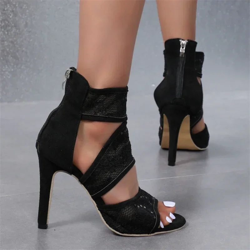 2024 New Summer Fashion Round Head Open Toe Sexy Lace Breathable Panel Zipper Casual Slim Heels Women's Large Heel Sandals 35-43 image 2