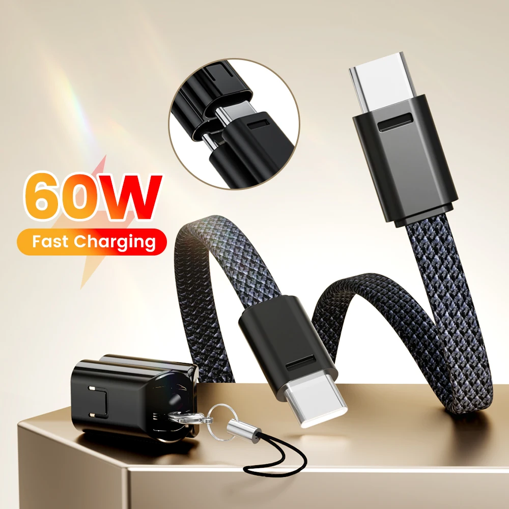 Cabo USB C para Type-C/Lightning de 60w com chaveiro, carregamento rápido, power bank, cabo de dados curto para iPhone, Xiaomi, Samsung, Huawei.