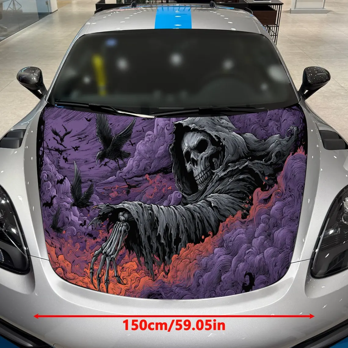 Reaper Raven Bold Exploration PVC Car Engine Hood Vinyl Wraps, Self-Adhesive Waterproof Car Hood Decal Sticker, Car Decoration P