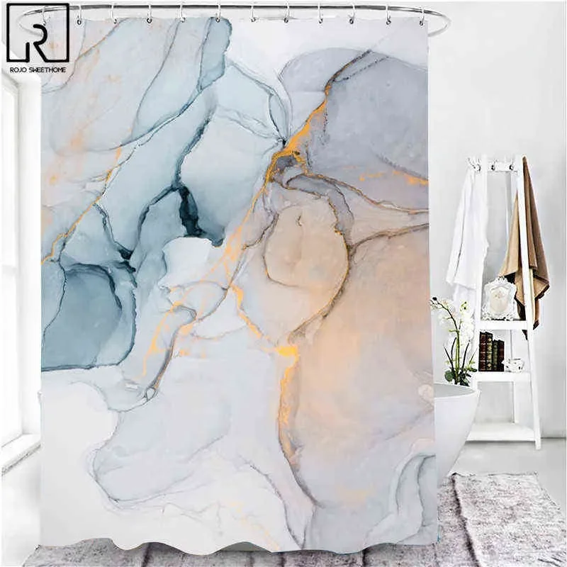 4 Pcs Blue Gold Marble Shower Curtain Set Waterproof Fabric Bath Curtain Modern Non-Slip Bath Mat Toilet Lid Cover Decor