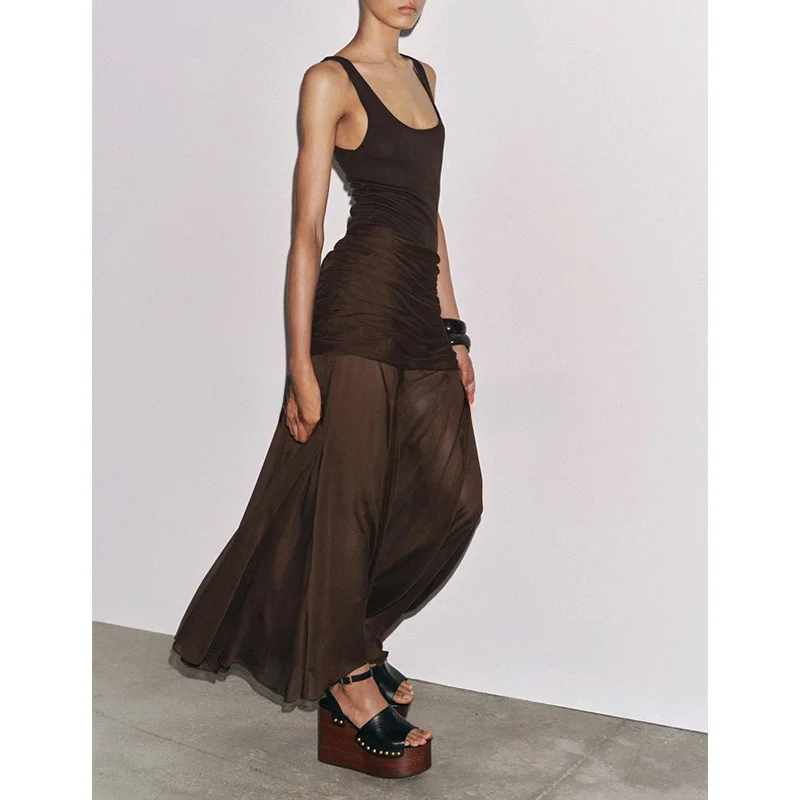 

Новая летняя женская прозрачная складная дизайнерская юбка миди с асимметричным подолом, праздничная длинная юбка трапециевидной формы со стойкой