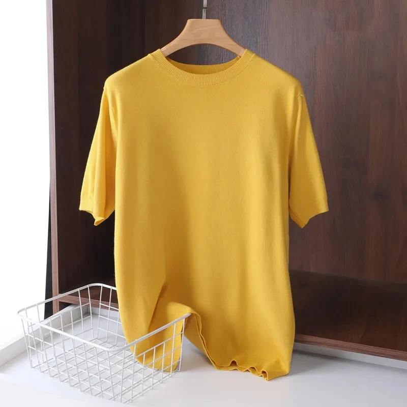 Superfine Merino Wool T Shirt Men\'s Knitted O-neck Breathable Thin Cashmer Short Sleeve Tee Solid Color Tops