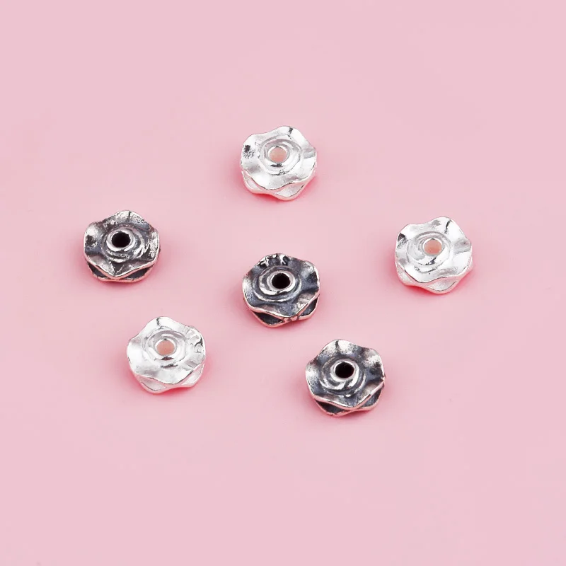 S925 pure silver wave-patterned concave-convex 6mm round partitioned flat bead DIY red string bracelet accessory