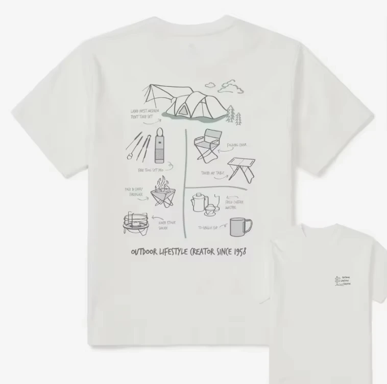 2026 Black Oversized T-shirt Front Mini Camping Logo & Back Hand Drawn Camping Gear Diagram Print, Outdoor Unisex Streetwear Tee