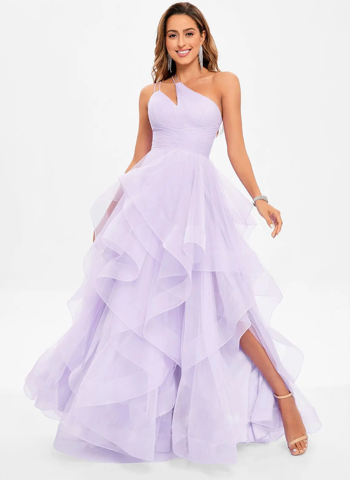 

One Shoulder Tulle Prom Dresses Pleated Tiered Ball Gown Princess Formal Evening Gown for Teens with Slit