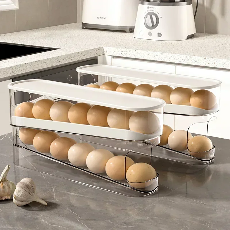 Bilayer Fridge Egg Storage Box Automatic Rolling Eggs Holder Rack Ladder Style Refrigerator Dispenser Organizer