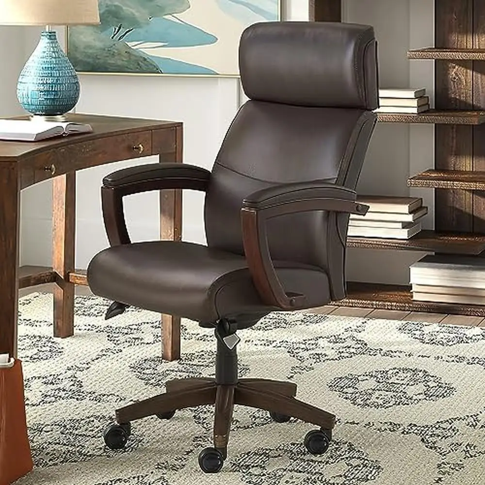 High-Back Executive Office Chair Solid Wood Arms Lumbar Support Brown Bonded Leather Ergonomic