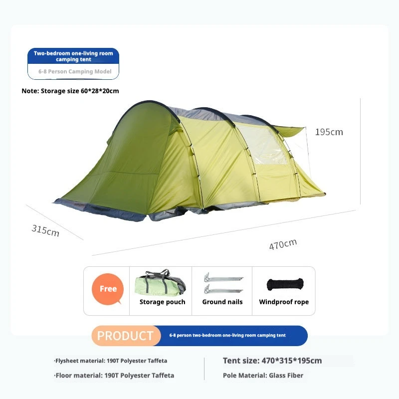 6-8 Person Outdoor Summer Camping Tunnel Tent 2 Rooms 1 Living Room Multi-Person Family Automatic Double Layer Camouflage Field