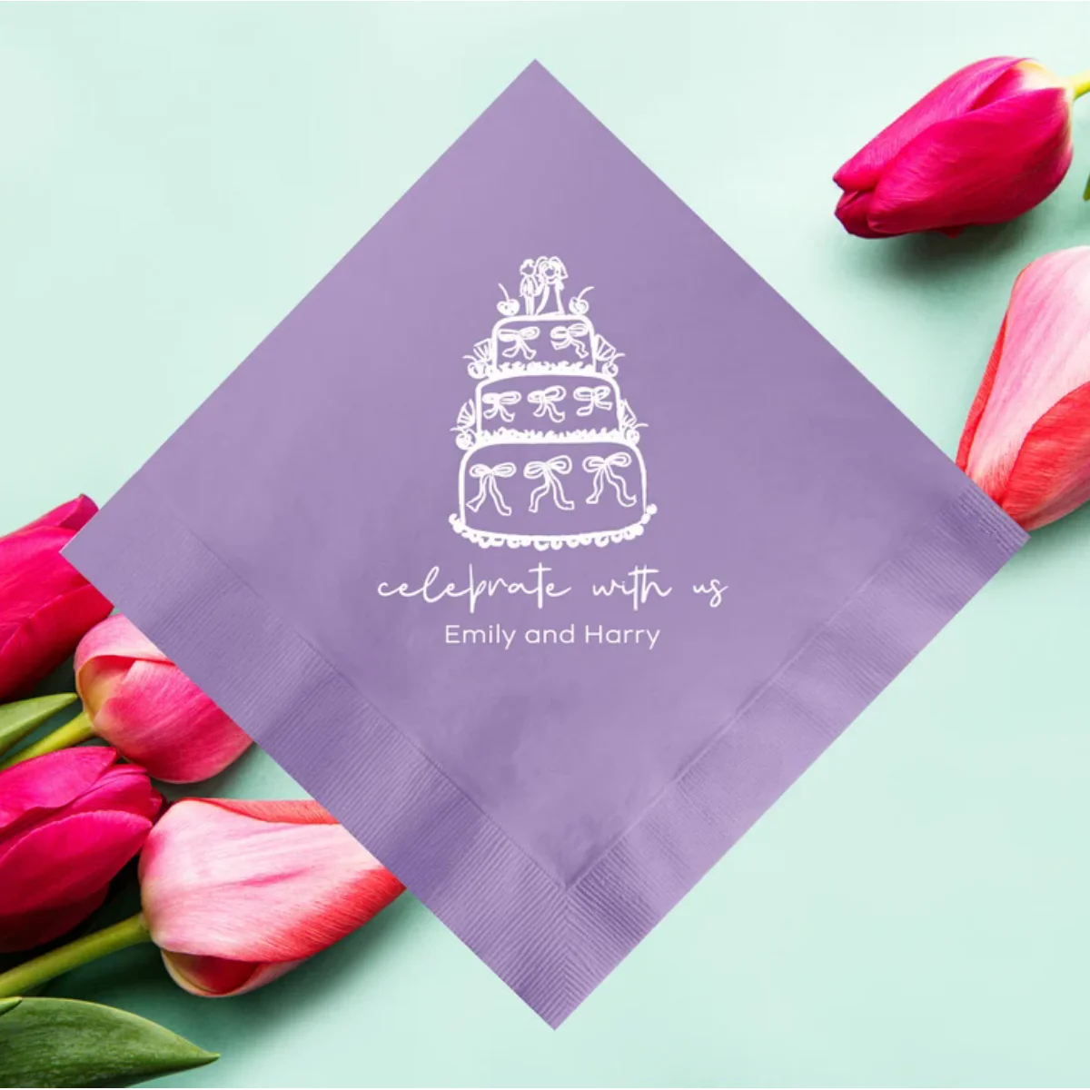 

Personalized Celebrate With Us Hand Drawn Wedding Cake Napkins, Custom Wedding Cocktail Paper Napkins, Engagement Party, Rehears