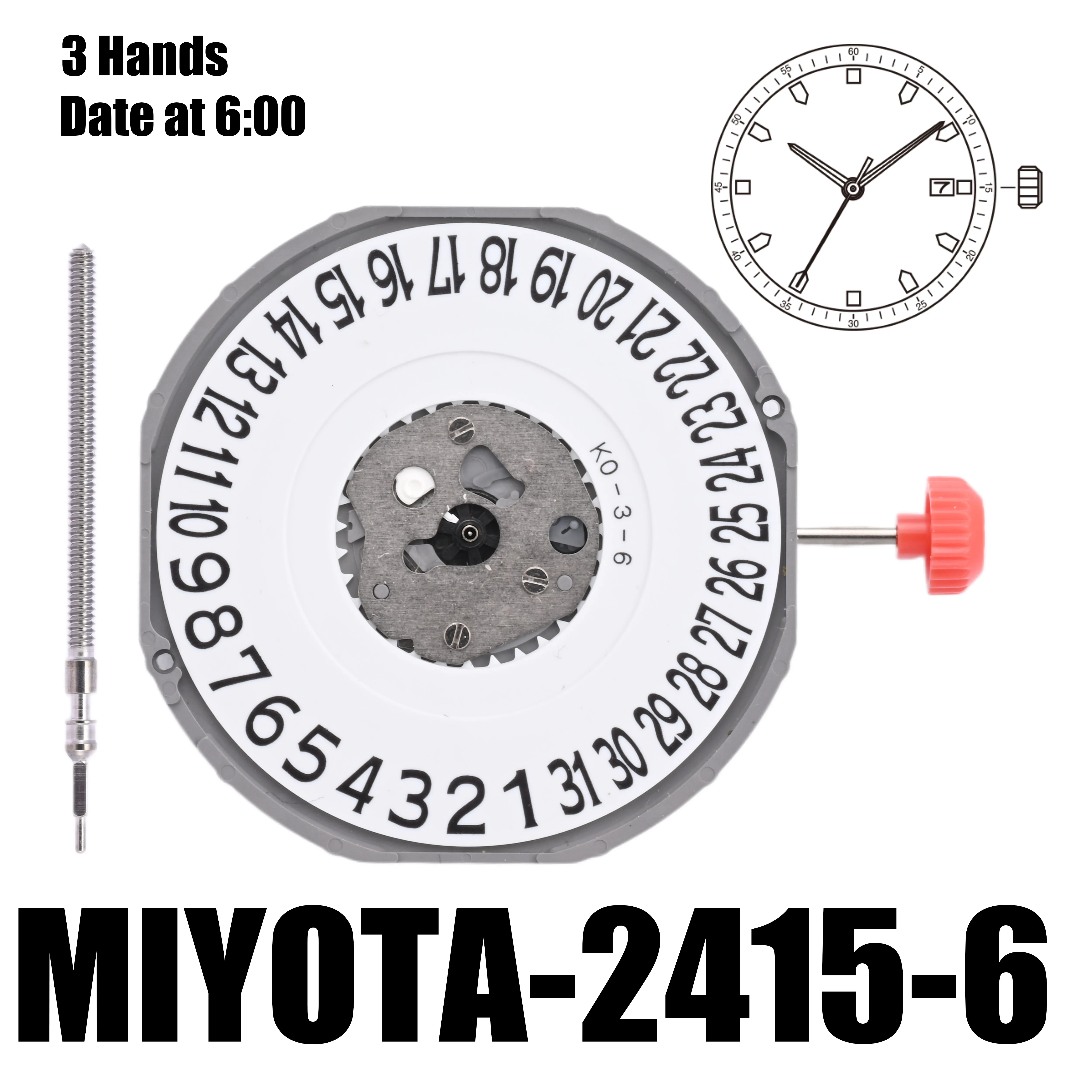 

Оригинальный японский механизм 2415, механизм Miyota 2415, размер 13 1/2 дюйма, высота 4,35 мм, точность ± 20 сек на месяц, 3 стрелки, дата в положении 6:00