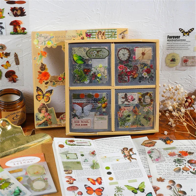 100 Sheets of Non-repeating Boxed Stickers Retro Floral Creative Pet Waterproof Transparent Decorative Stickers