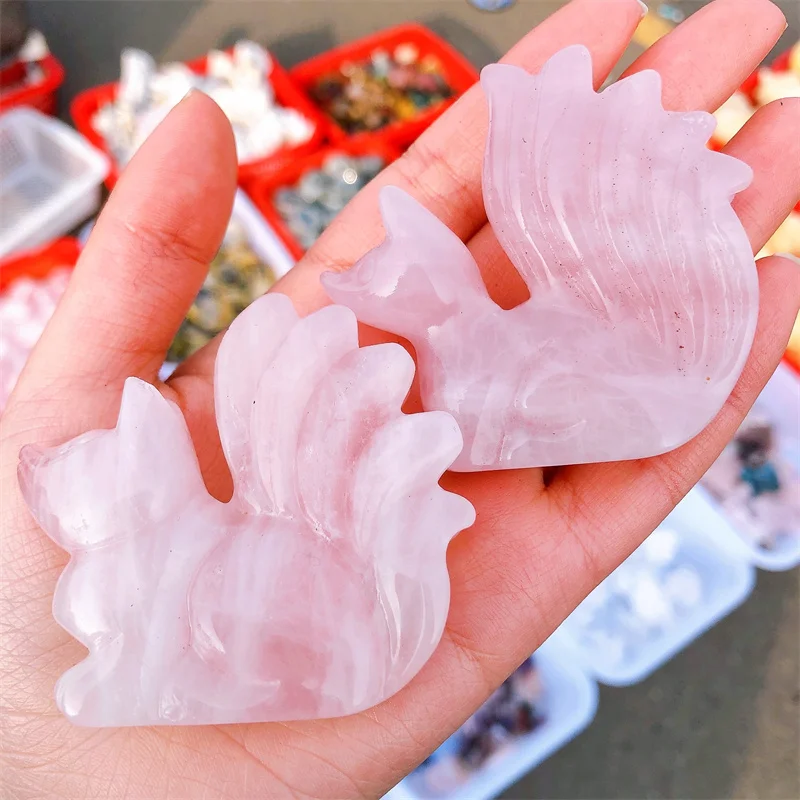 Natural Rose Quartz Nine-tailed Fox Carving Reiki Engraving Healing Gemstone Crafts Home Office Decor 1PCS