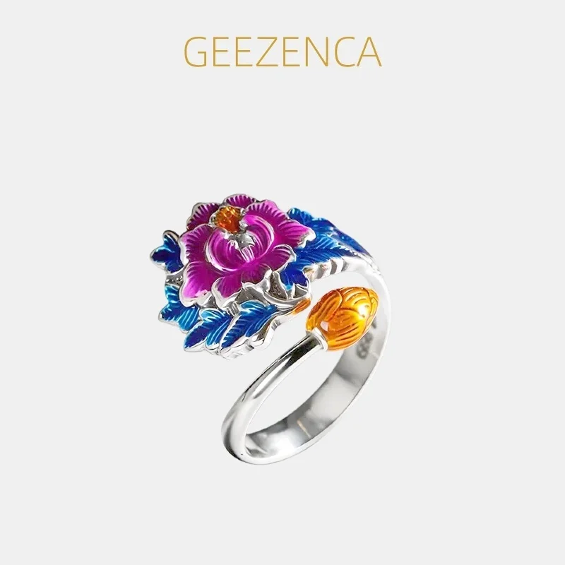 

GEEZENCA 999 Серебряное кольцо с эмалью в виде большого цветка пиона и бутона лотоса, винтажное, роскошное, коктейльное кольцо для женщин, подарок для нее