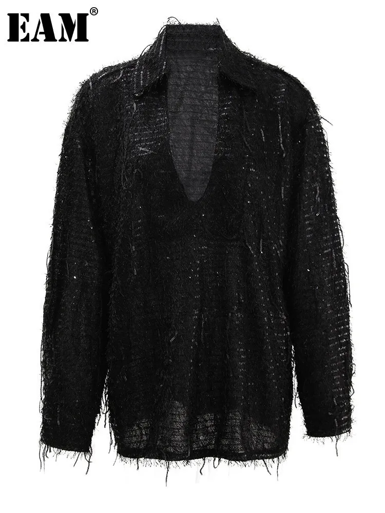 

[EAM] Women Black Sequins Tassels Big Size Shining Blouse New V-neck Long Sleeve Shirt Fashion Tide Spring Autumn 2024 CPG1631