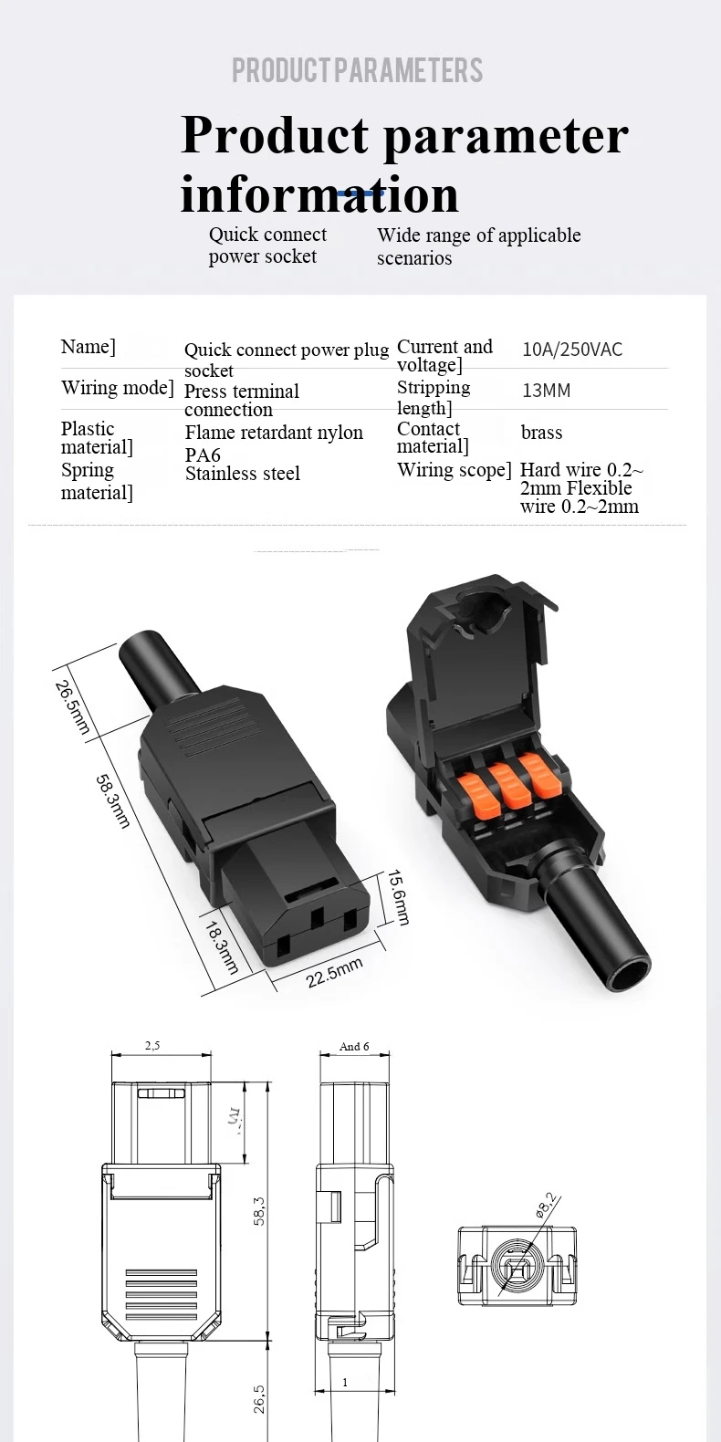 Neuer Typ Terminal-Crimp-AC-Netzstecker 10A/250V Dreiloch-Dreipol-T-förmiger Stecker Männlicher und Weiblicher Docking-Ladekopf – Detail 2
