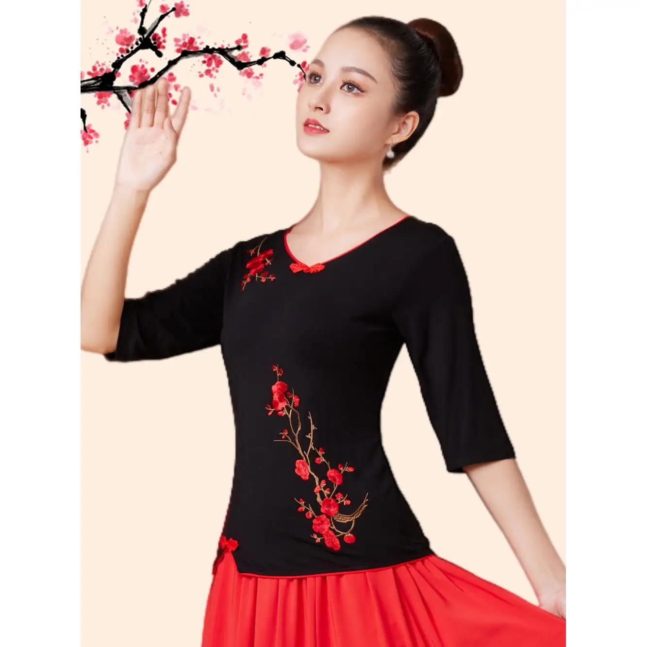 spring-summer-square-dance-women's-short-sleeve-mid-sleeve-dancewear-new-mode-plum-blossom-performance-top-fitness-sportswear