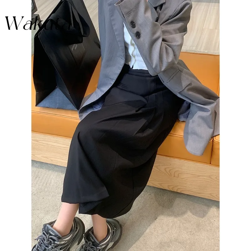 WAKUTA Ladies Blazer Skirts Pleated High Waist Solid Color Long Skirt Korean 2024 New Autumn Vintage A-line Females Faldas Mujer