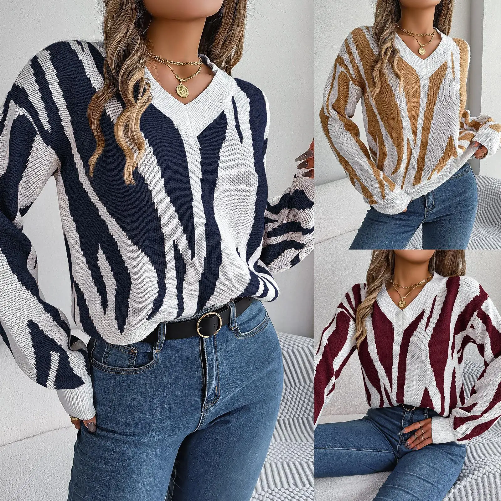 

Autumn Winter Casual V-Ne Color Blo Long Sve Overhead Base Layer Sweater Independent Station Cross-Border Women's Wear
