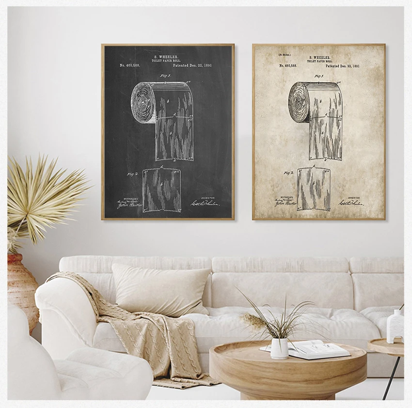 Prints , Roll of Toilet Paper Blueprint Canvas Painting Wc Sign Home Decor Toilet Paper Patent Vinatge Poster Bathroom Wall Art