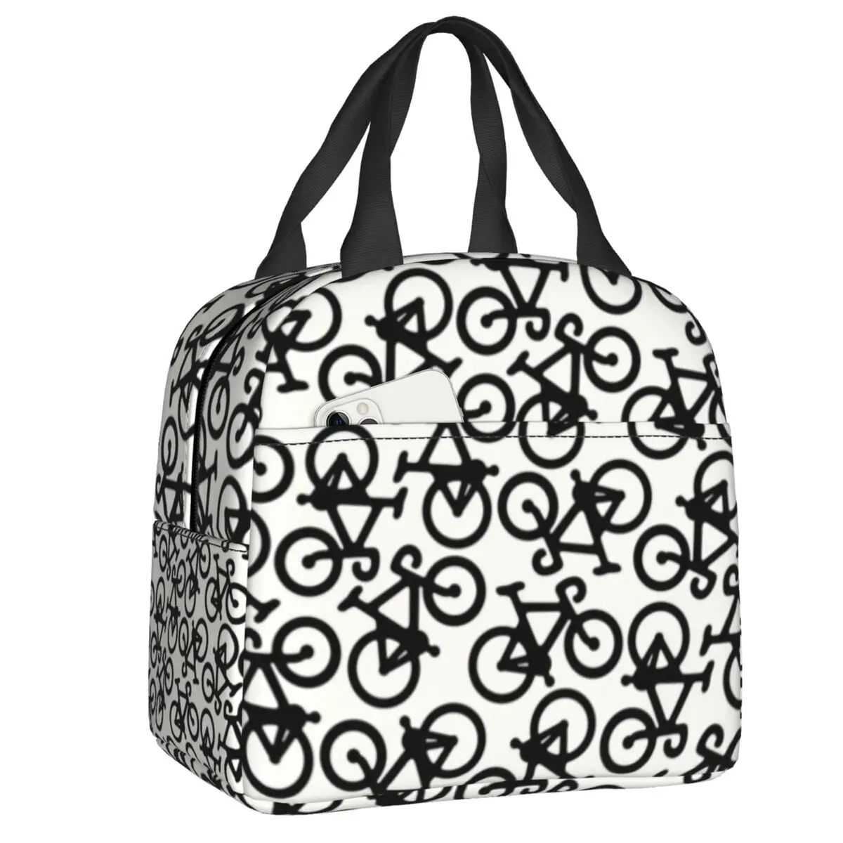 

Custom Black Multiple Bikes Pattern Insulated Lunch Bags for School Office Bike Bicycle Thermal Cooler Lunch Box Women Kids