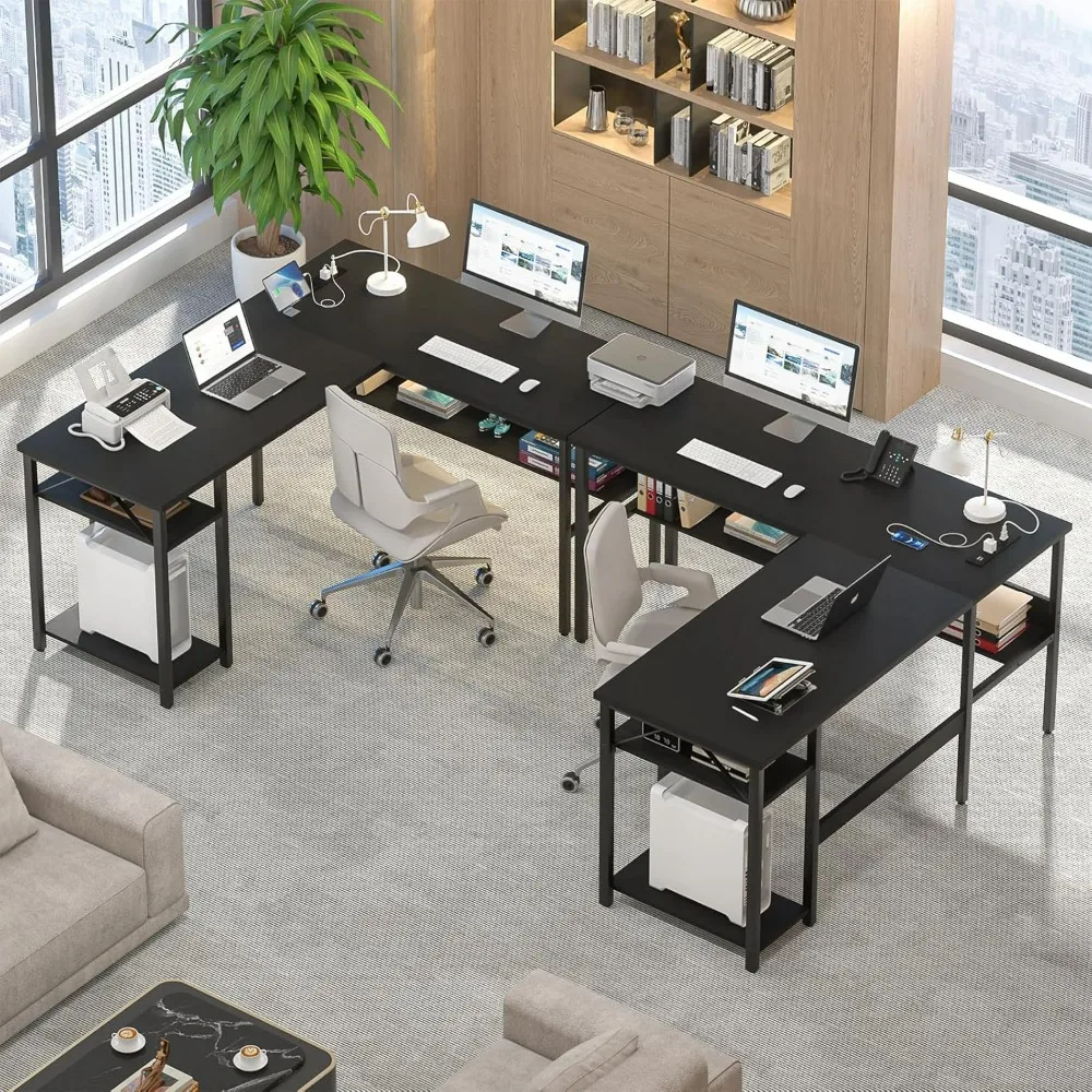 L Shaped Computer Desk with Power Outlets and USB Charging Ports, Sturdy Corner Desk with Storage Shelf