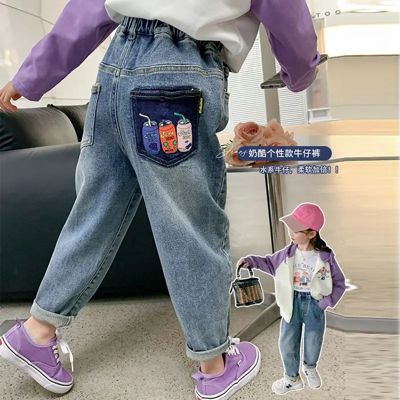 Girls\' Denim Spring and Autumn 2023 New Korean Ripped Children\'s Summer Western Style Loose Trousers