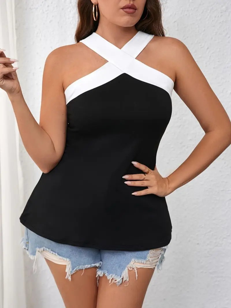 Color Blocking Cross Neck Vest Sleeveless Top Black White Wide Shoulder Straps Slim Fit Slimming Women's Fashion Summer Top