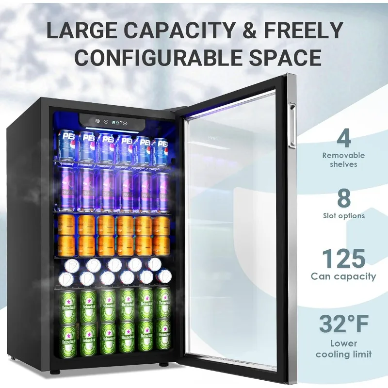 Beverage Refrigerator and Cooler, 126 Can Mini fridge with Glass Door, Small Refrigerator with Adjustable Shelves for Soda Beer