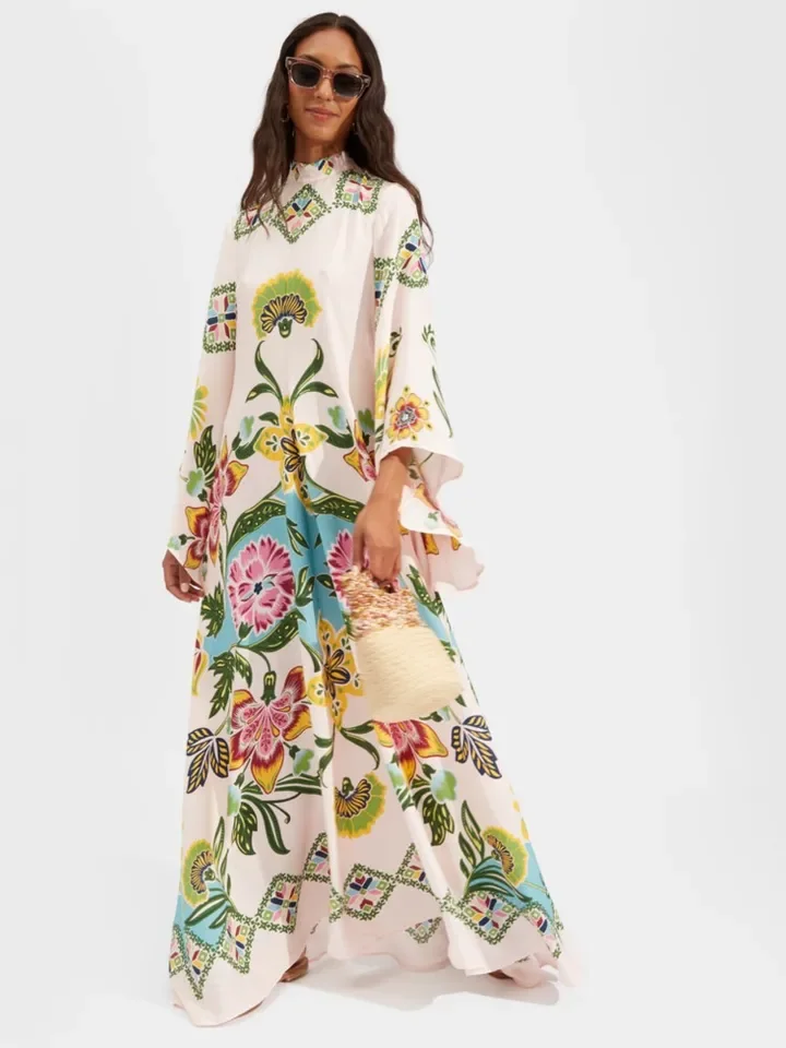 Fashion Vintage Print Long Dresses Women Stand Collar Leace-up Irregular Sleeves Loose Maxi Dress Trendy Lady Commuting Vestidos