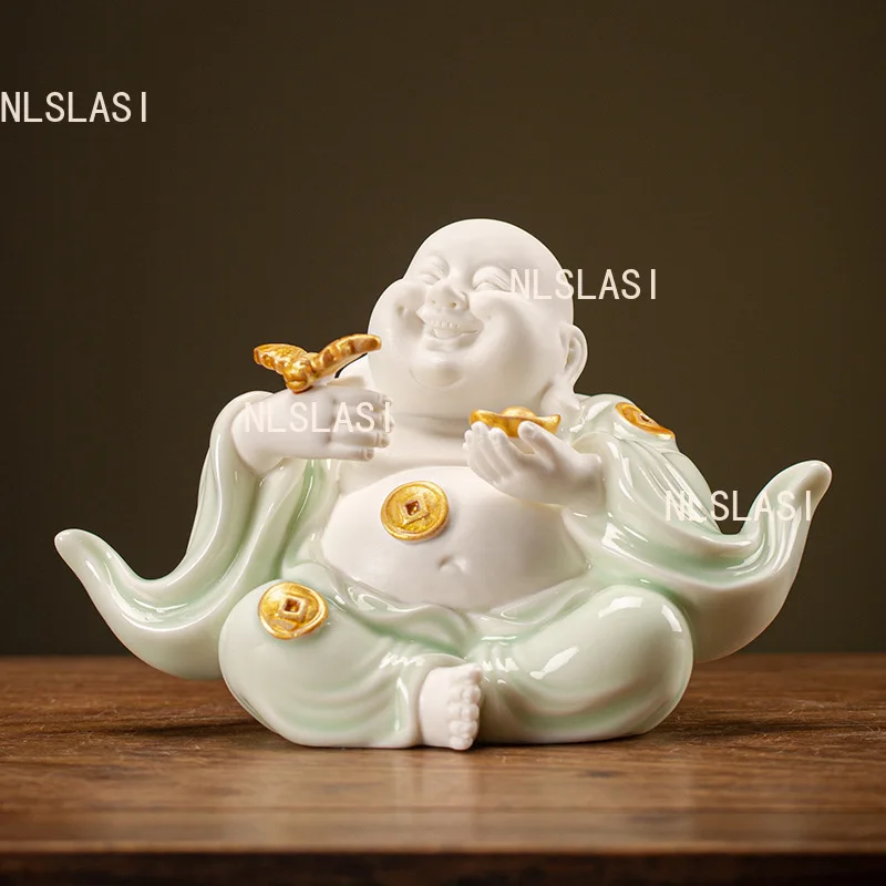 Ceramic Maitreya Buddha Ornament Home Tea Table Decoration Car Ornament New Chinese Style Tea Pet Tea Playing Teaset Accessories