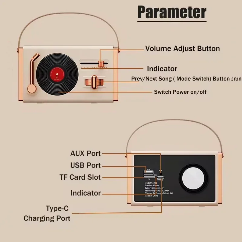 On Sale C-220plus Multifunctional Vinyl Record Player Karaoke Bluetooth Speaker Portable Handheld Mini Audio Support AUX/TF Card