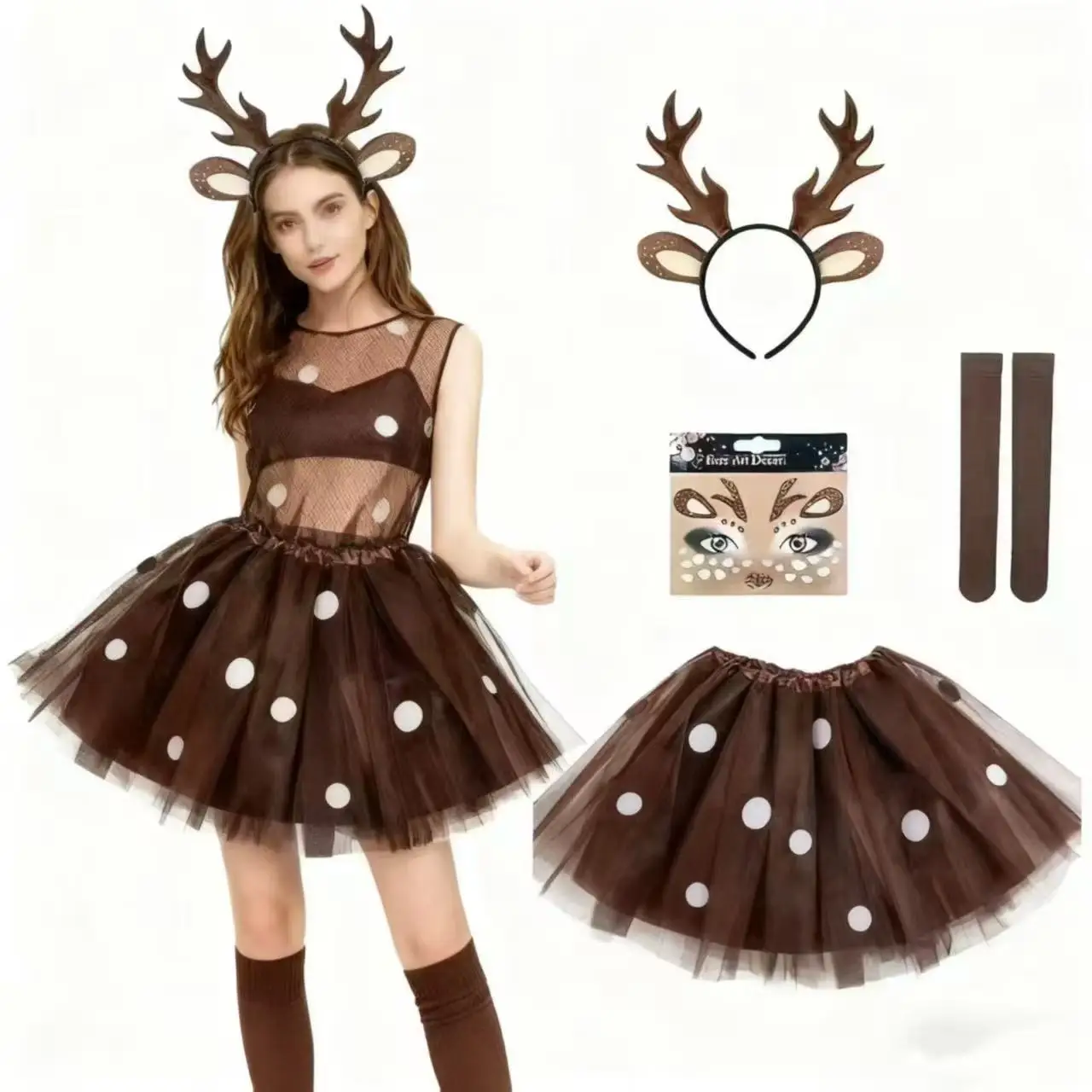 Conjunto de Disfraz de Reno, Diadema con Astas y Cola, Falda Tutú de Tul Marrón con Estrellas, Disfraz de Reno Navideño