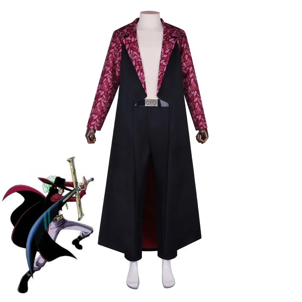 

Anime Dracule Mihawk Cosplay Costume Adult Men Combat Uniform Windbreaker Coat Pants Belt Suit Halloween Party Outfit