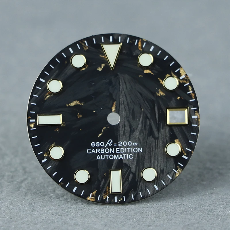 

Black carbon fiber 28.5 mm YM dial with blue/C3 lume custom logo NH35 mod Dial